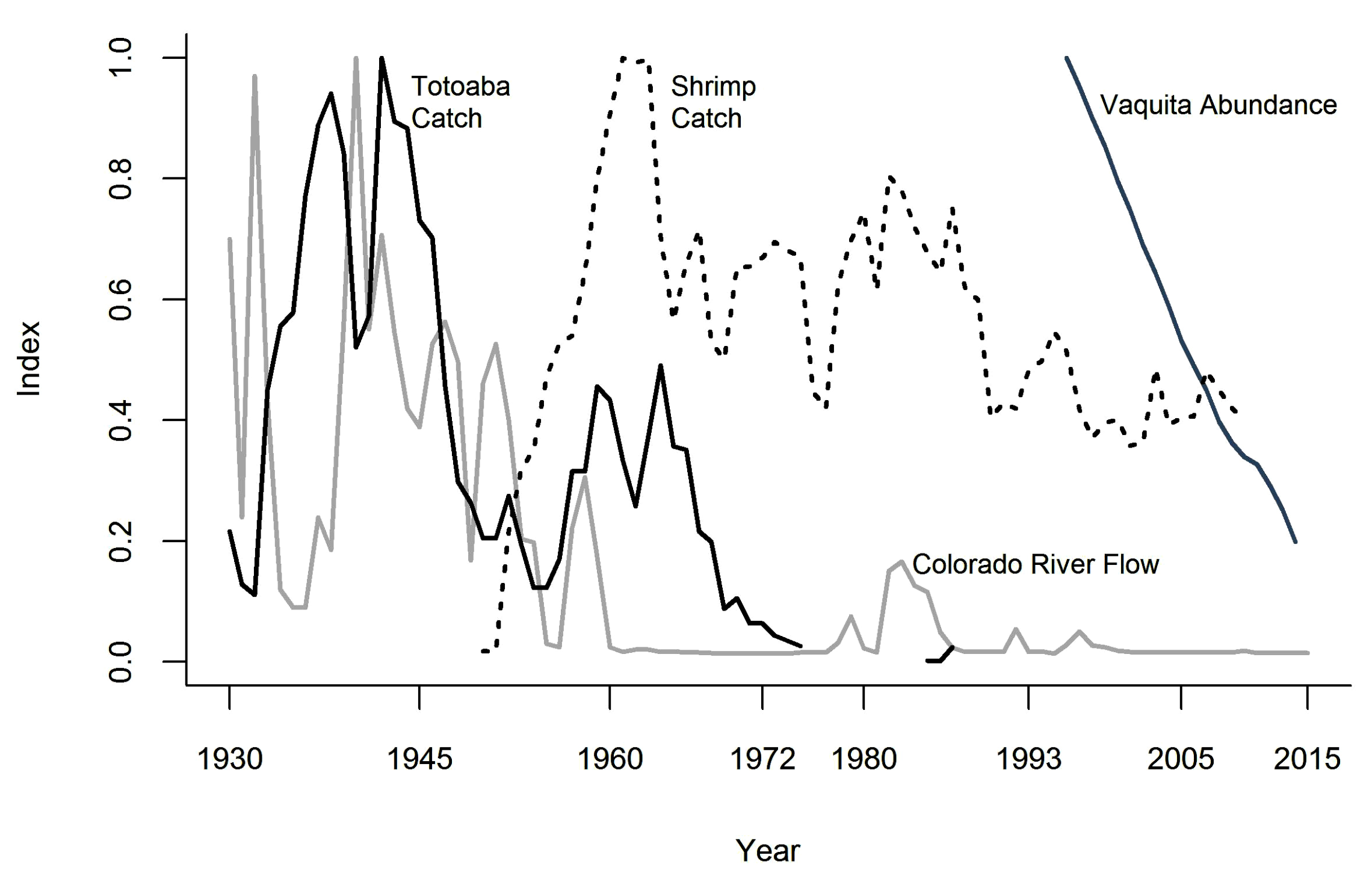 Decline in vaquita, totoaba and shrimp populations 