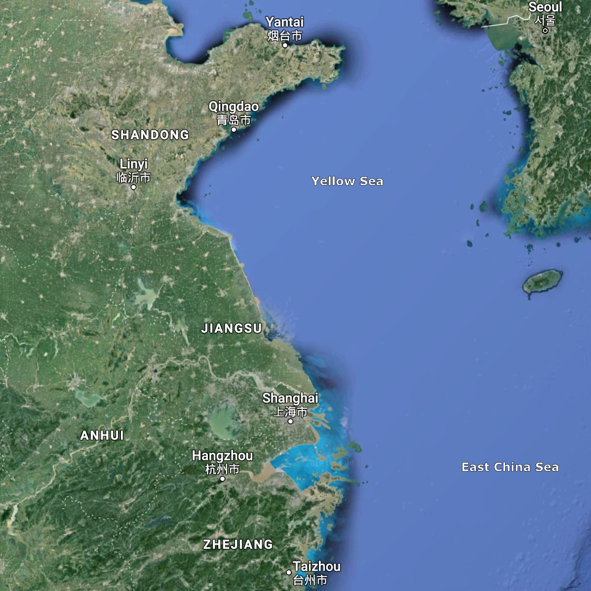 Algal blooms are common in the Yellow Sea and off the Yangtze estuary in the East China Sea (Image: Google Earth)