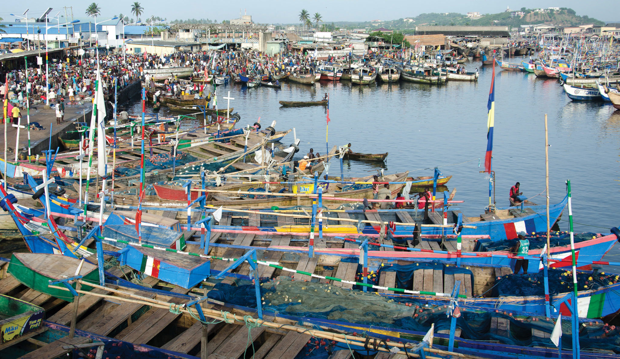 Wooden fishing boats at Elmina port. The decline in Ghana's fish stocks is putting livelihoods and food security at risk (Image: EJF)
