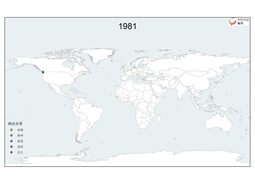 GGGI的数据搜集平台请使用者主动上传丢失的渔具信息。从1981年4月到2018年10月的统计显示，共有超过4.6万件渔具入海，其中超过一半是渔网。数据来源：GGGI
