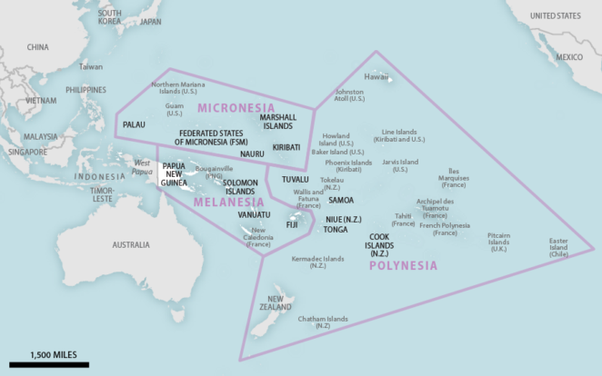Map of the Pacific Islands showing Polynesia, Micronesia and Melanesia