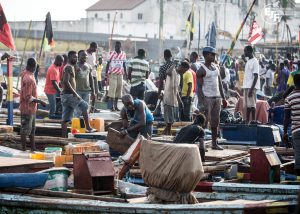 <p>Wooden fishing boats at Elmina port. Overfishing by industrial trawlers is putting Ghana&#8217;s fish stocks at risk (Image: EJF)</p>