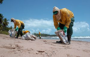 <p>政府工作人员在阿拉戈斯州雅帕拉廷加海滩清理油污。图片来源：里奥·马拉法亚/中外对话</p>
