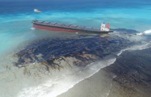 Aerial view of oil tanker leaking oil, scene of Mauritius oil spill in the Indian Ocean