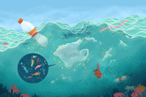 Illustration showing plastic bottles and a plastic bag polluting the ocean