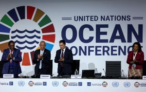<p>Kenya’s cabinet secretary for the Ministry of Environment and Forestry, Keriako Tobiko (far left) and Portugal’s president, Marcelo Rebelo de Sousa (second from left), attend the closing of the 2022 UN Ocean Conference (Image: Rodrigo Antunes/ Alamy)</p>
