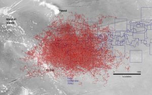 <p>Modelling from Blue Peril shows how far, in three months, ocean currents would carry tailings waste from mining in the area licensed to The Metals Company and Tonga (Image: Deep Sea Mining Campaign)</p>