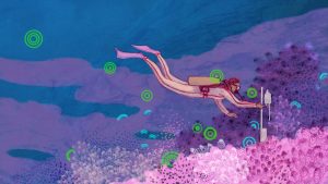 illustration of a female diver with coral reefs in the ocean