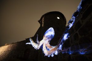 An octopus image projected on the side of a dark building